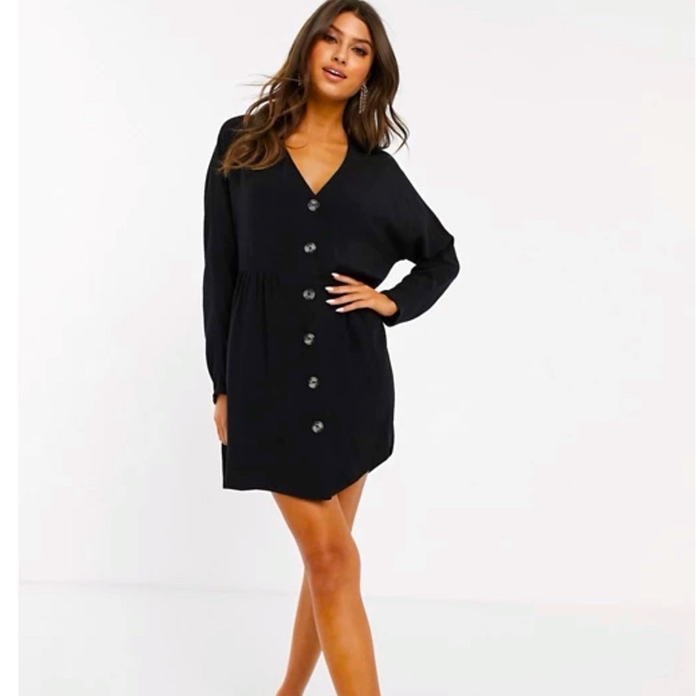 ASOS Black Long Sleeve V-Neck Button Through Mini Smock Dress Womens Size 4
